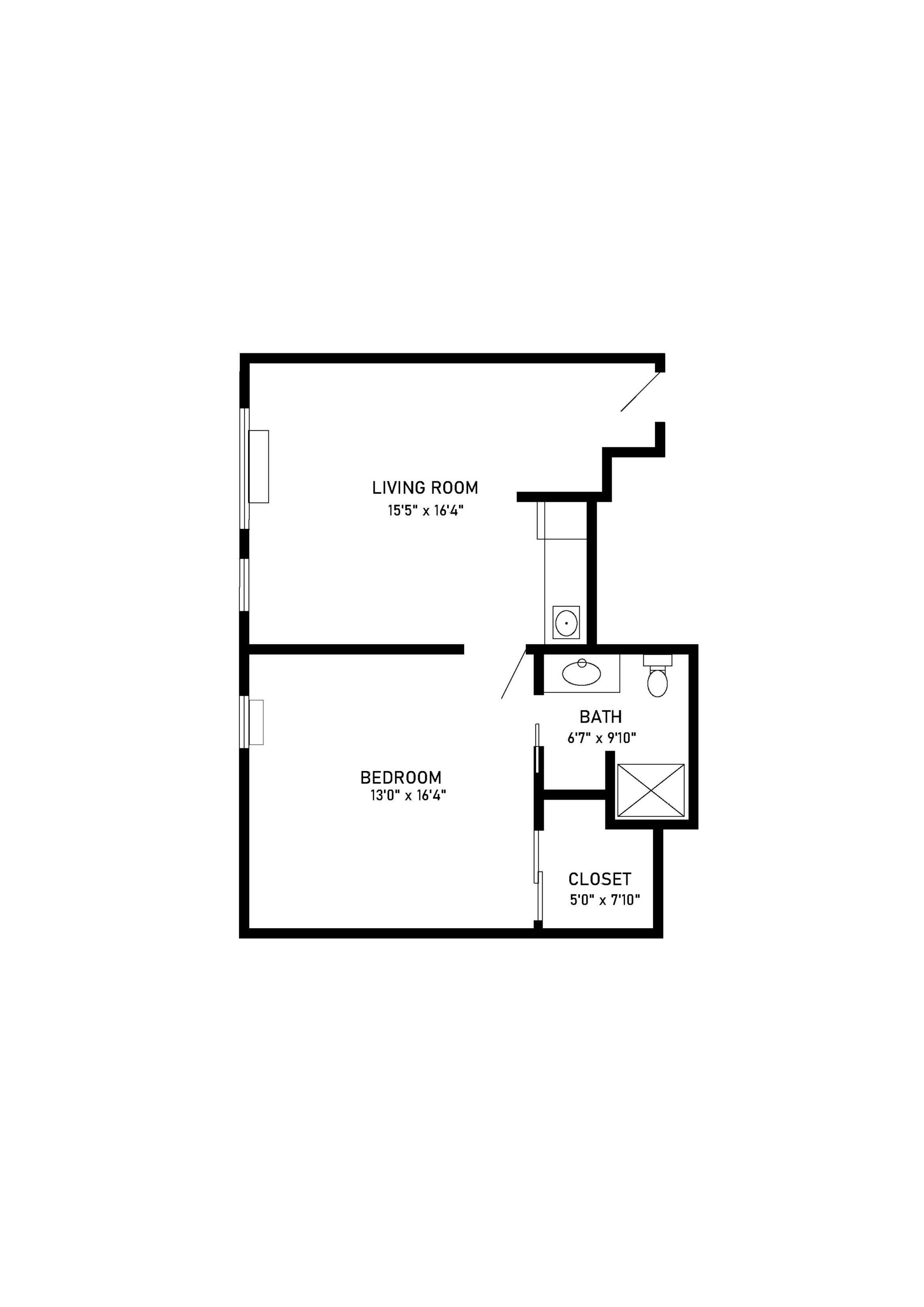 1 bed and 1 bath floor plan